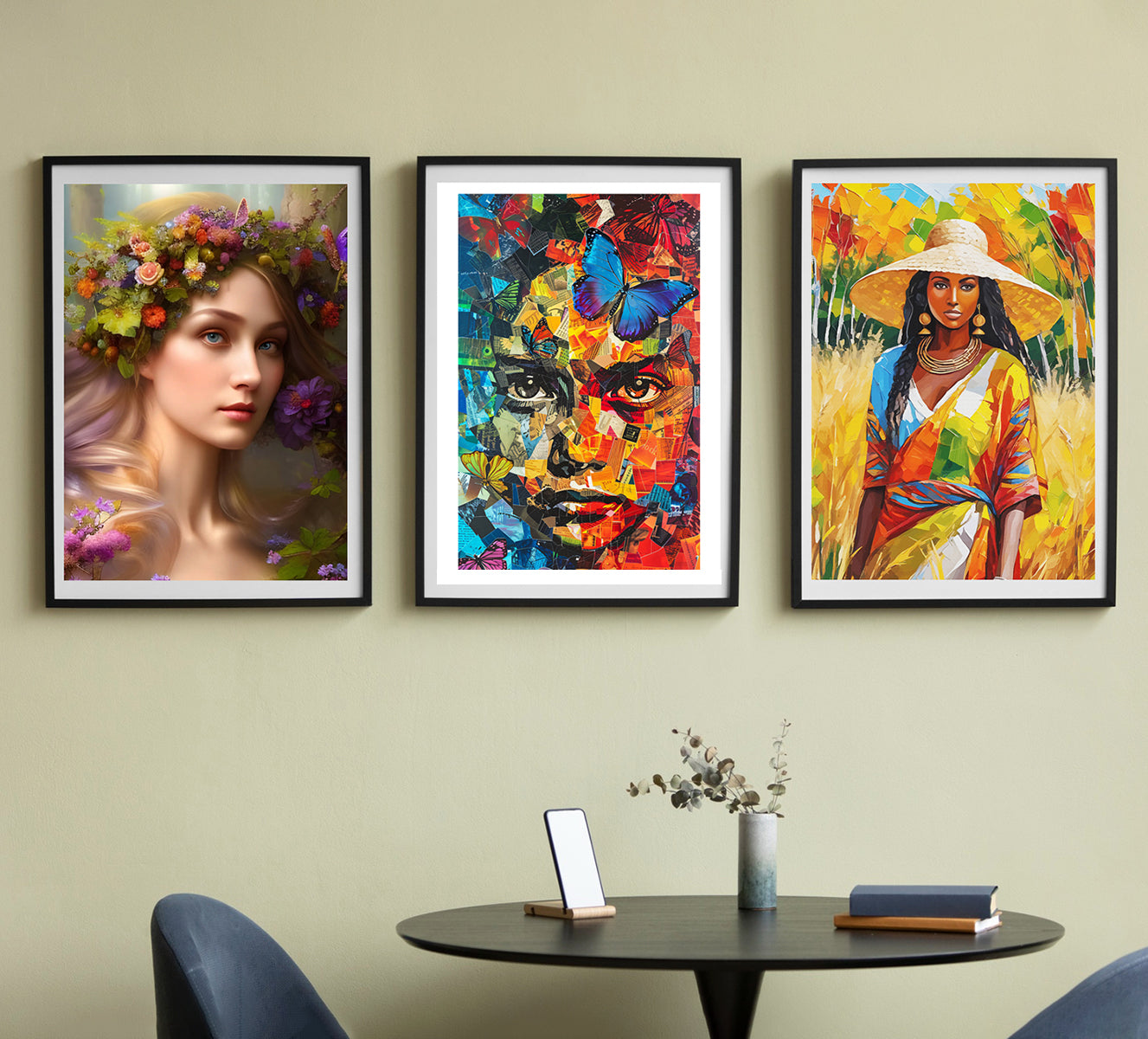 Set of three wall decor paintings: left - woman with flower crown, center - colorful abstract face, right - woman in traditional attire, perfect for elegant home decor.