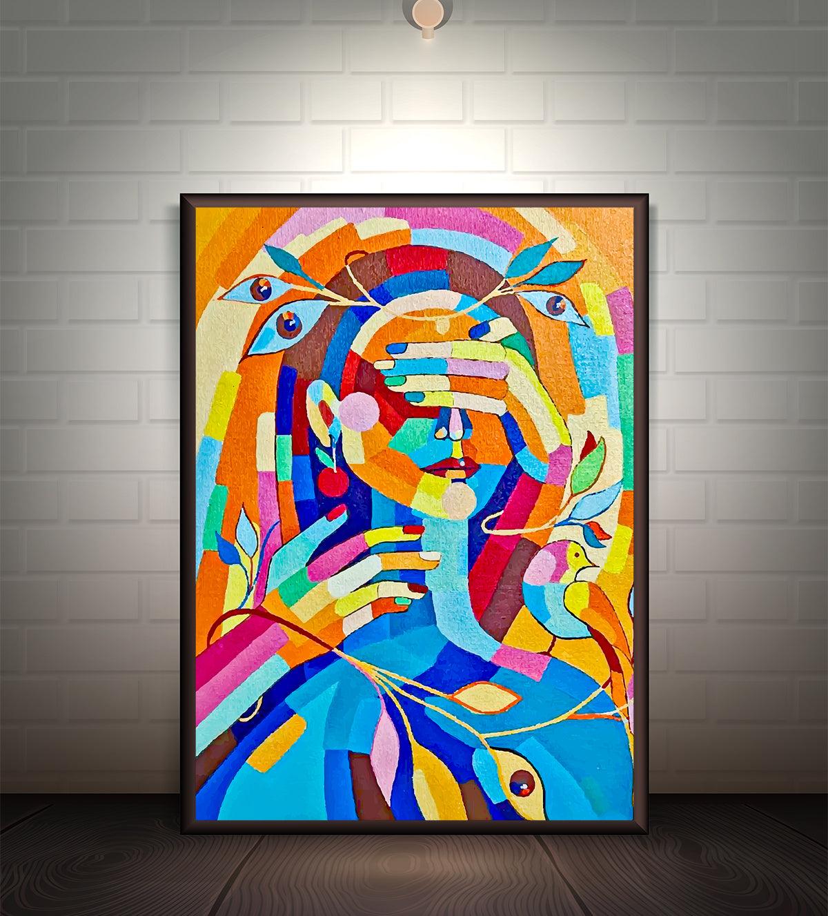 Abstract painting with vibrant multicolored patterns, intertwining shapes, and expressive designs in shades of blue, orange, pink, and yellow, perfect for modern and artistic interiors.