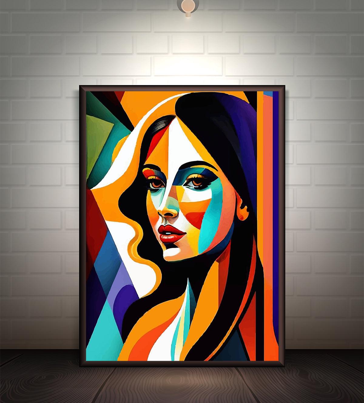 Vivid Allure is a bold, abstract portrait of a woman brought to life with vibrant colors and geometric shapes. Perfect for modern spaces, this striking artwork makes a statement while adding beauty and depth to any room - Aartaa decor