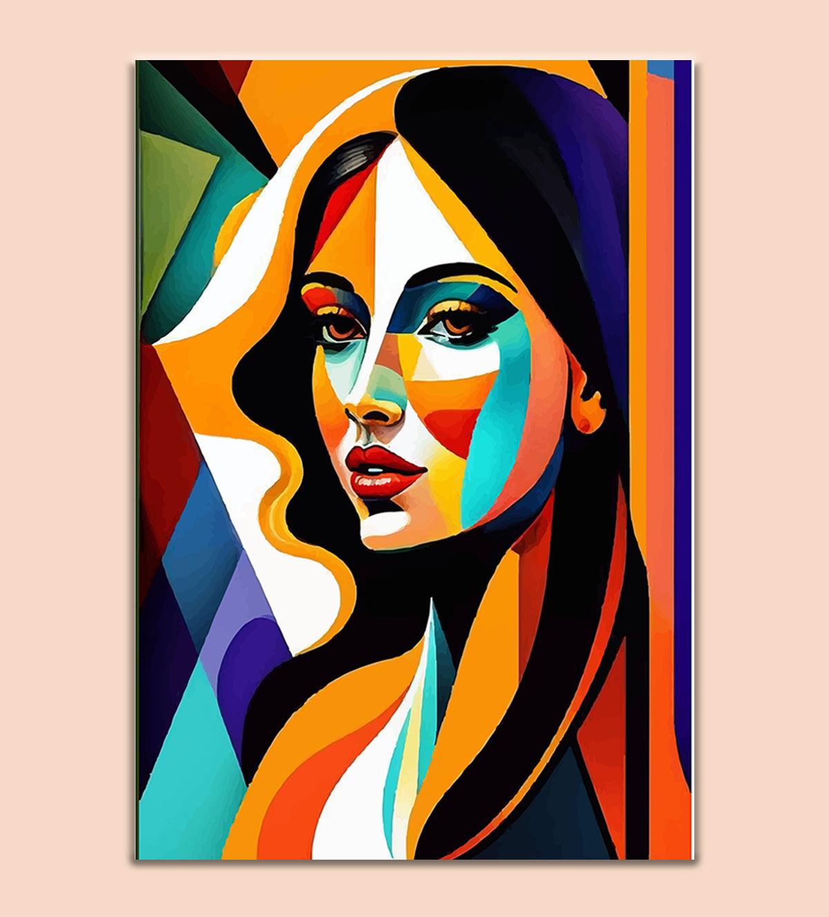 "Vivid Allure" is a bold, abstract portrait of a woman brought to life with vibrant colors and geometric shapes. Perfect for modern spaces, this striking artwork makes a statement while adding beauty and depth to any room - Aartaa decor