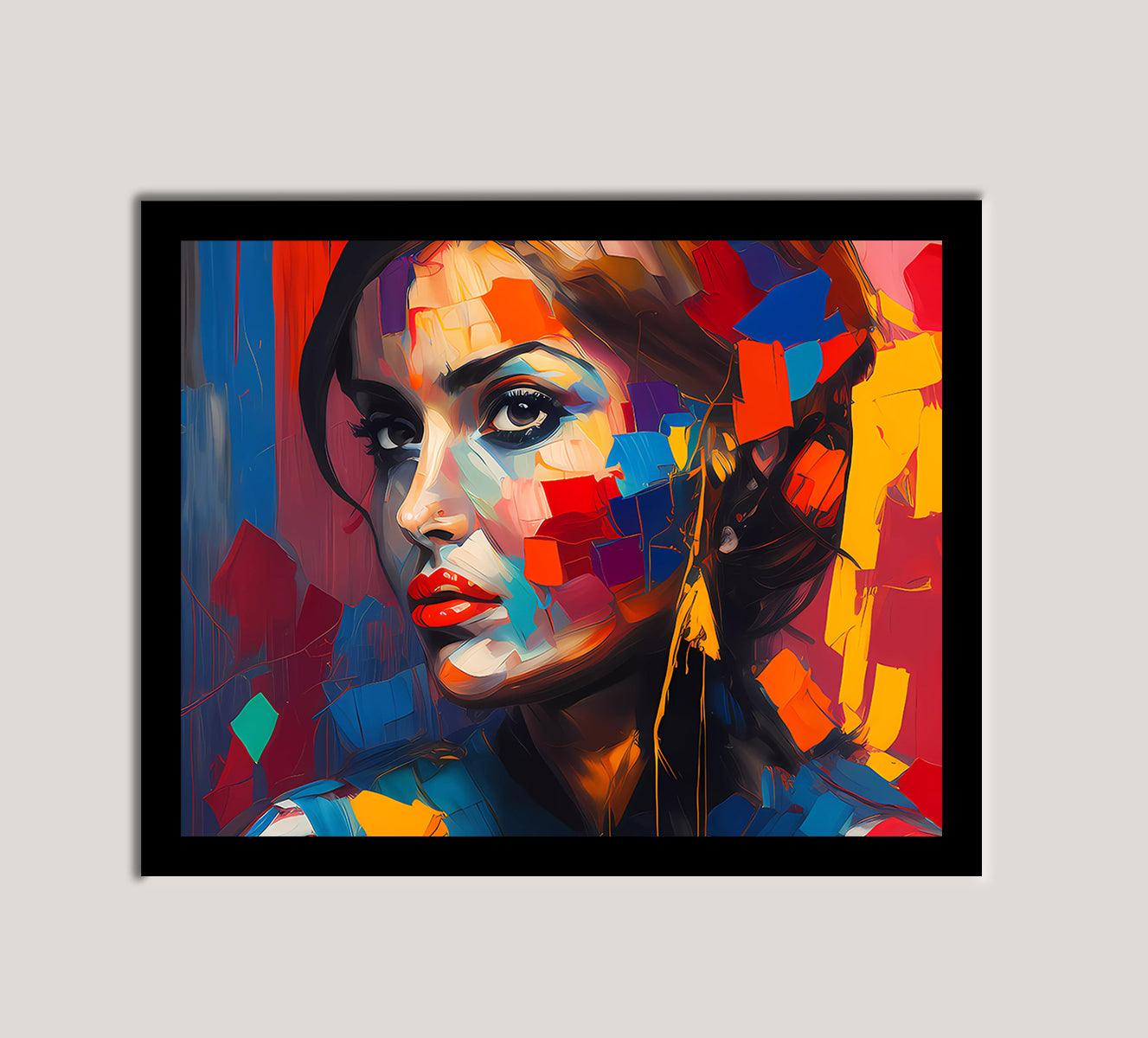 Colorful geometric portrait painting of a woman's face, featuring vibrant red, blue, yellow, and orange shapes on a dark background. Ideal for modern, eclectic, and bold interior decor styles. Available in multiple sizes and material options.