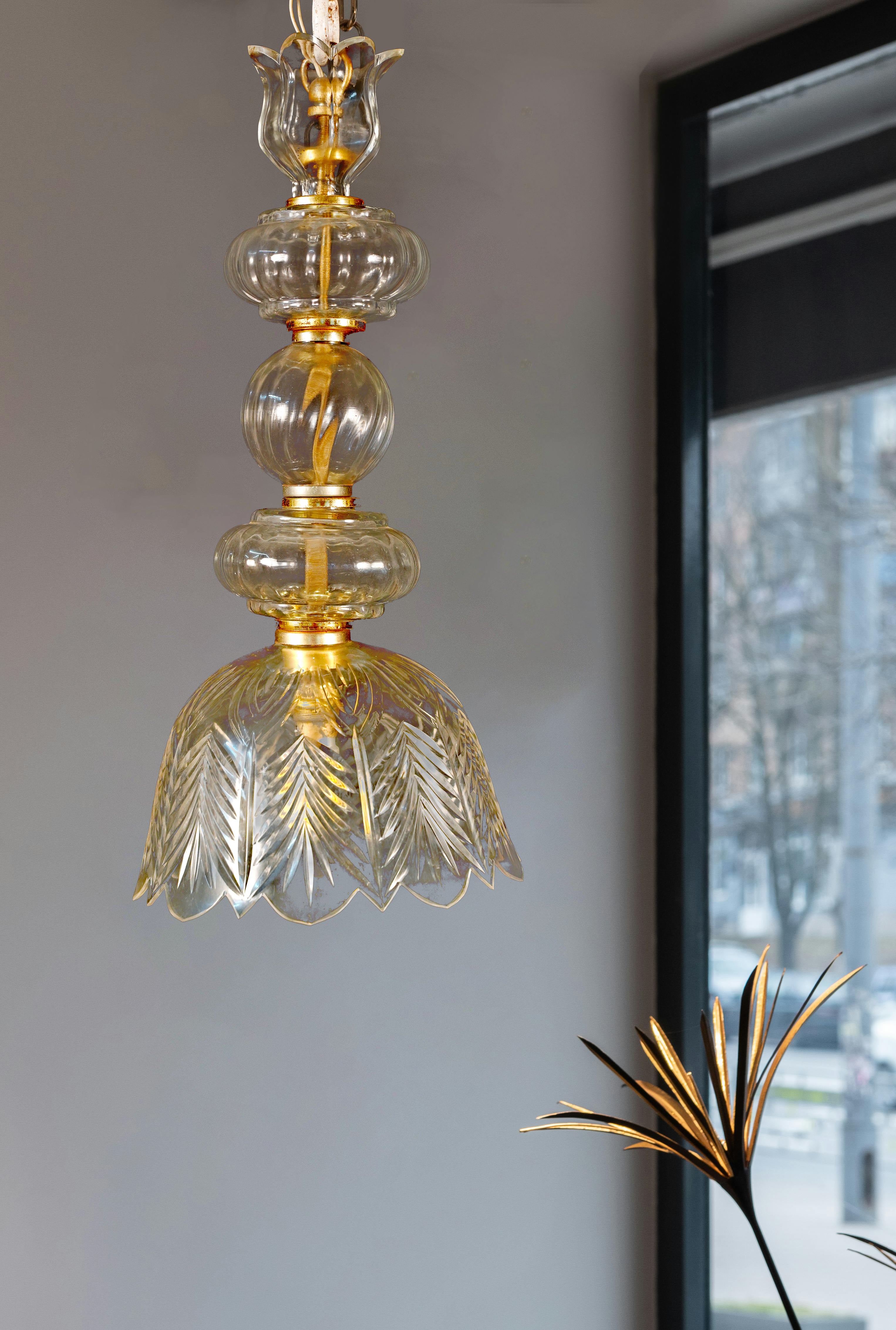 Glass and Gold Pendant Light with Intricate Leaf Motif - Aartaa decor