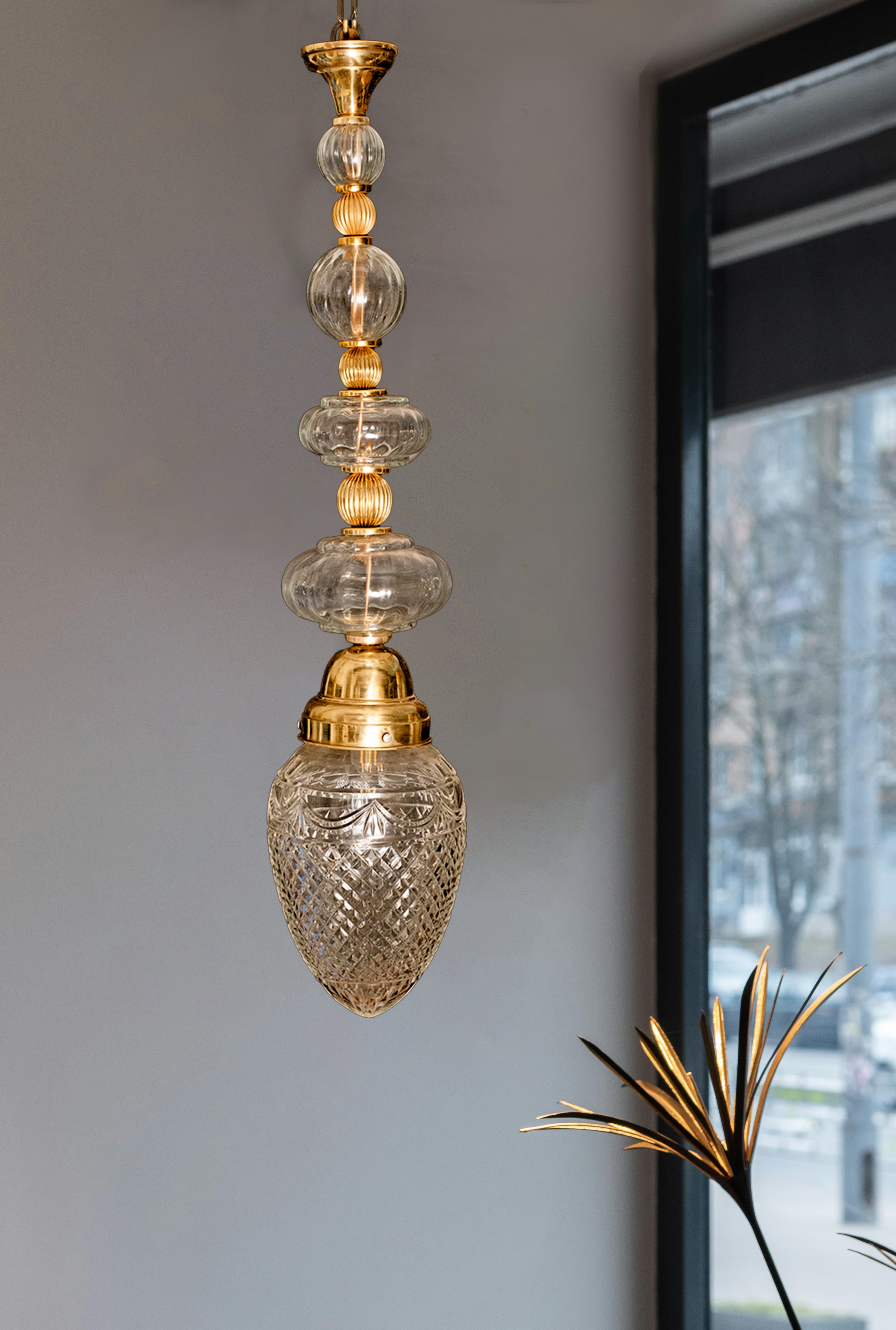 Vintage Crystal and Brass Pendant Light with Ornate Glassworkpan - Aartaa decor