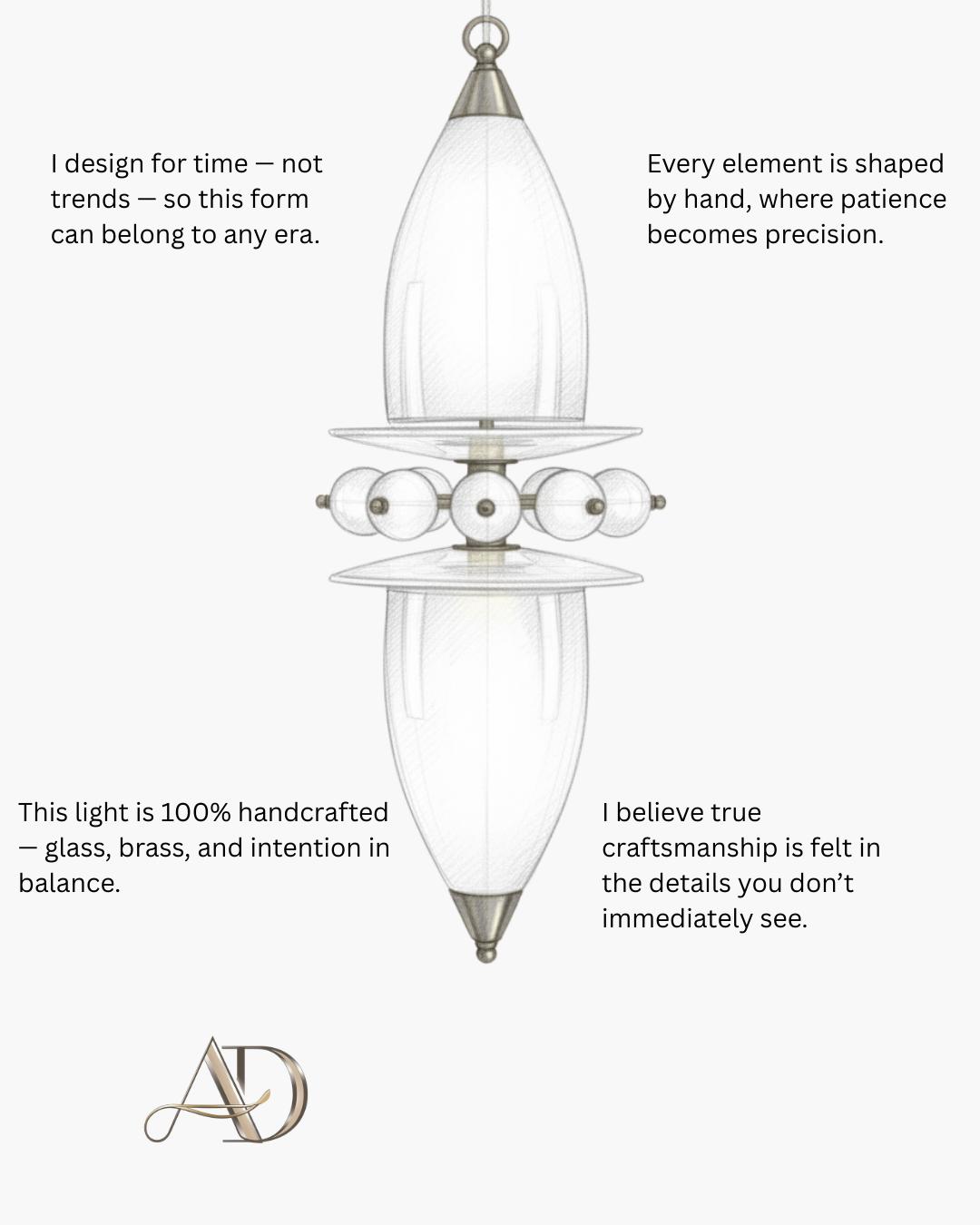 Handcrafted pendant light with text about craftsmanship on a white background