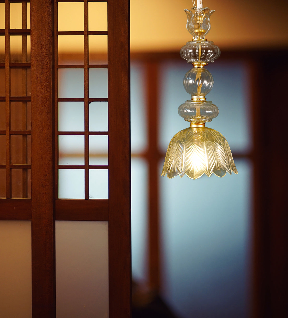 Glass and Gold Pendant Light with Intricate Leaf Motif - Aartaa decor